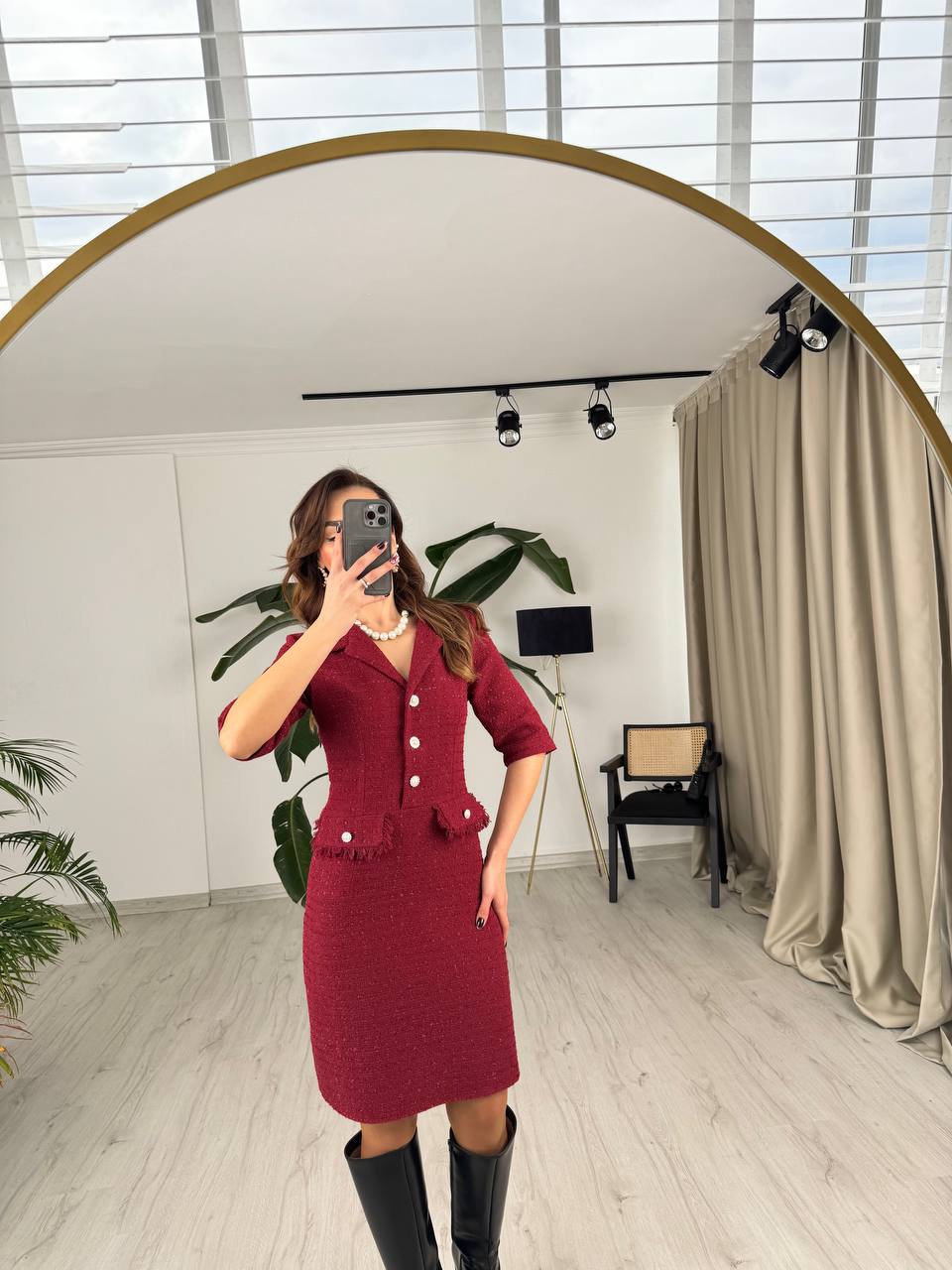 Bordo%20İnci%20Düğmeli%20Tuvid%20Kumaş%20Elbise