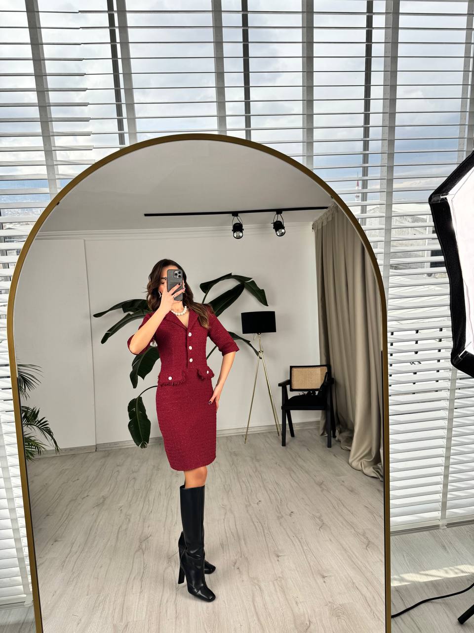 Bordo%20İnci%20Düğmeli%20Tuvid%20Kumaş%20Elbise