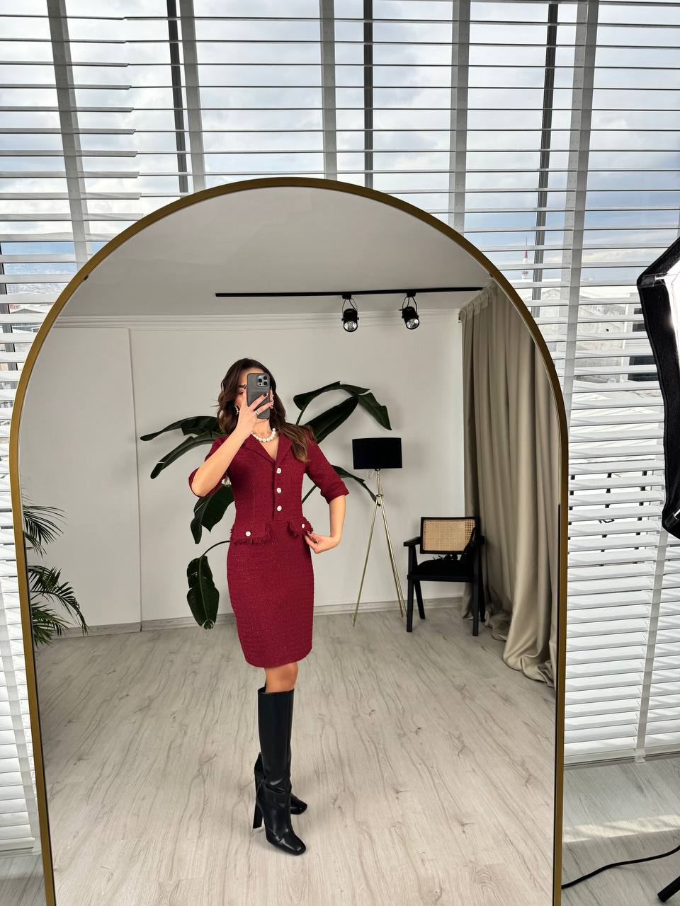 Bordo%20İnci%20Düğmeli%20Tuvid%20Kumaş%20Elbise