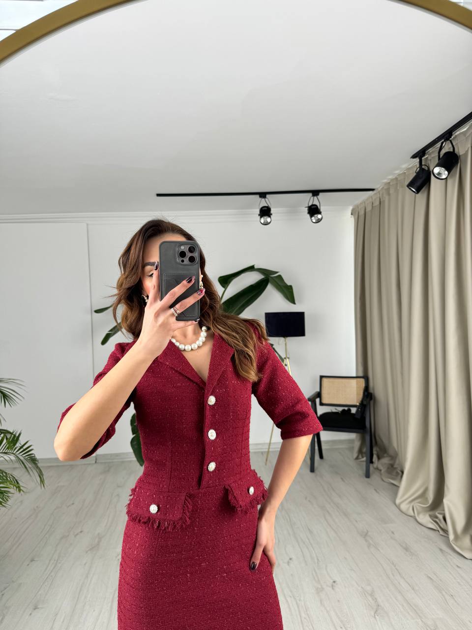 Bordo%20İnci%20Düğmeli%20Tuvid%20Kumaş%20Elbise