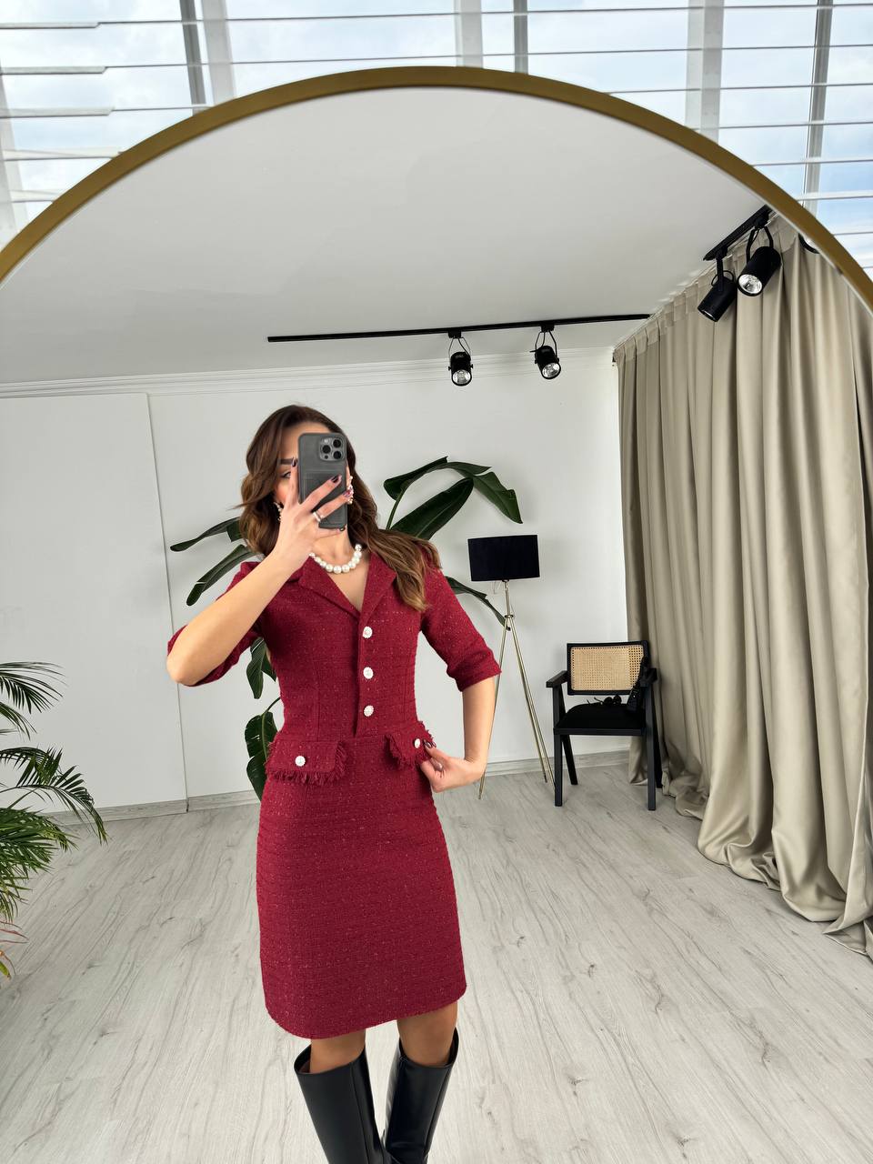 Bordo%20İnci%20Düğmeli%20Tuvid%20Kumaş%20Elbise