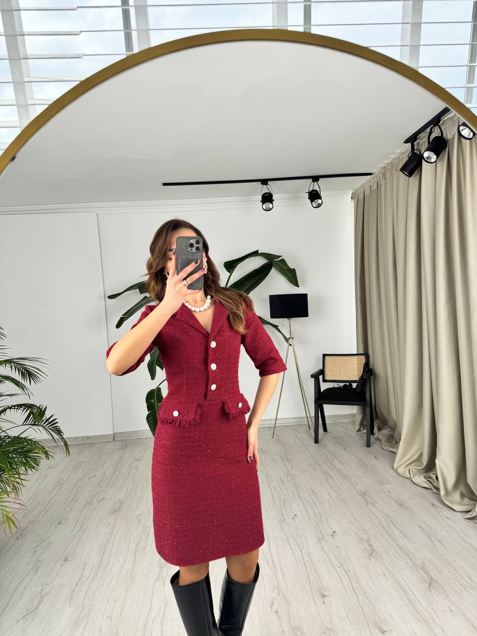 Bordo%20İnci%20Düğmeli%20Tuvid%20Kumaş%20Elbise