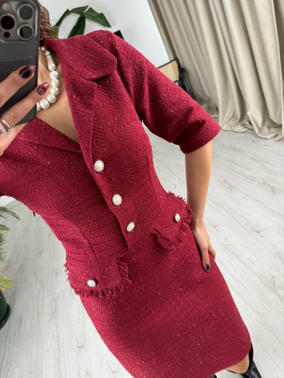 Bordo%20İnci%20Düğmeli%20Tuvid%20Kumaş%20Elbise