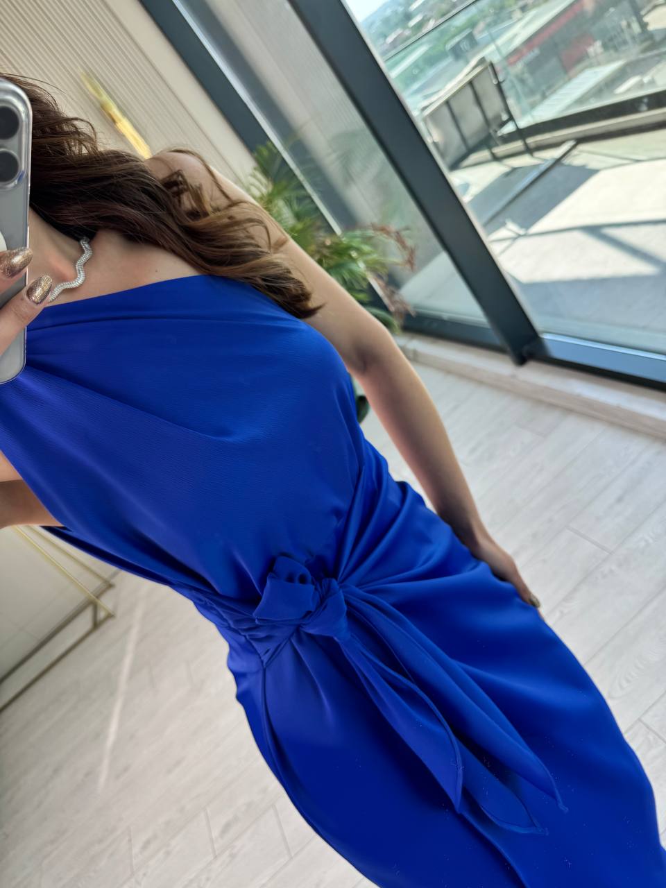 Saks%20Mavi%20Tek%20Kol%20Tok%20Saten%20Maria%20Elbise