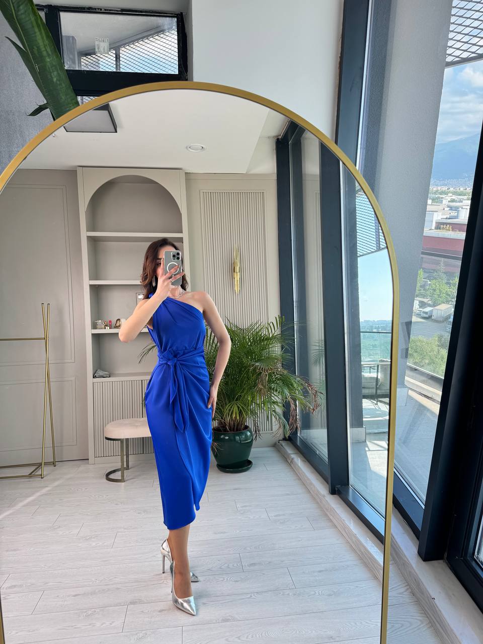 Saks%20Mavi%20Tek%20Kol%20Tok%20Saten%20Maria%20Elbise