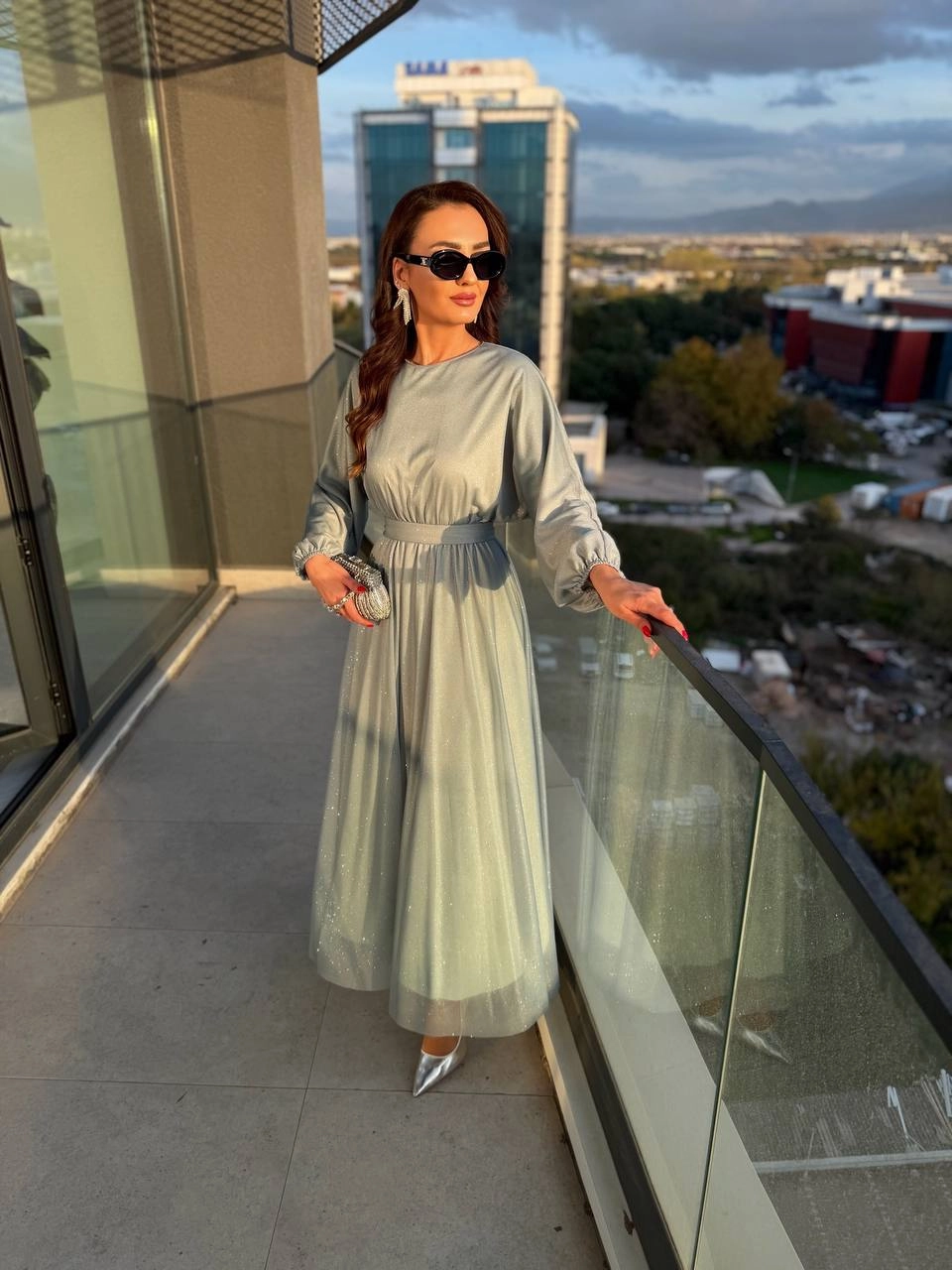 Mint%20Turkuaz%20Işıltılı%20Full%20Astarlı%20Maxi%20Boy%20Kuşaklı%20Elbise