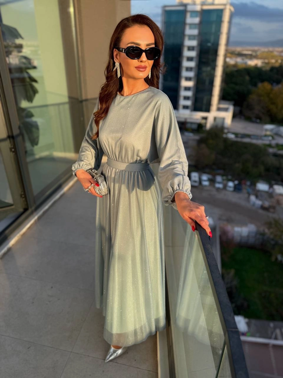 Mint%20Turkuaz%20Işıltılı%20Full%20Astarlı%20Maxi%20Boy%20Kuşaklı%20Elbise