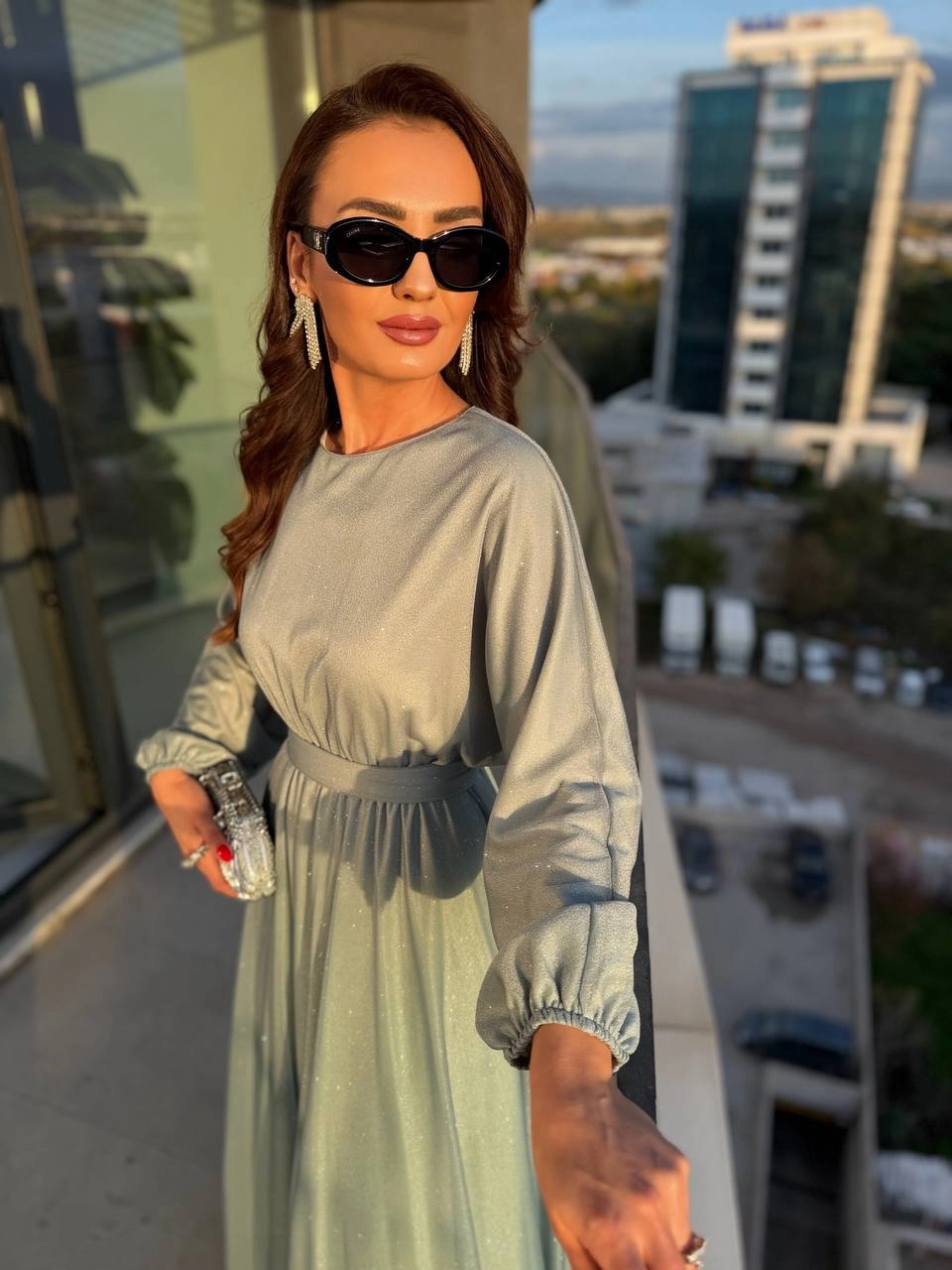 Mint%20Turkuaz%20Işıltılı%20Full%20Astarlı%20Maxi%20Boy%20Kuşaklı%20Elbise