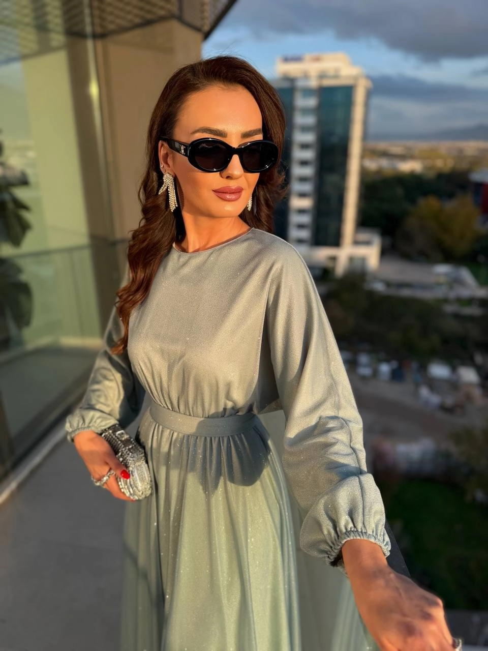 Mint%20Turkuaz%20Işıltılı%20Full%20Astarlı%20Maxi%20Boy%20Kuşaklı%20Elbise