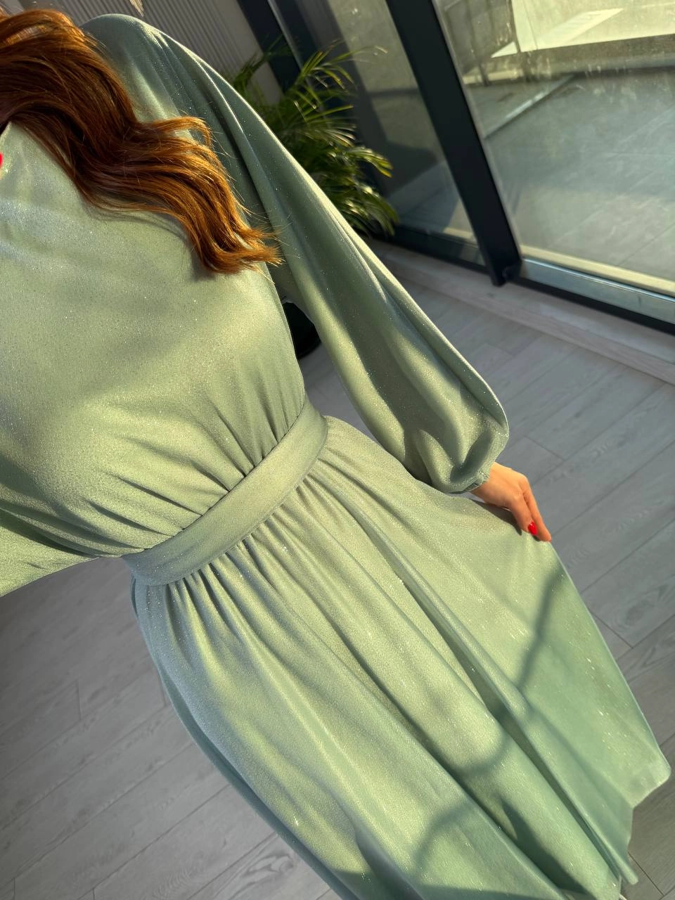 Mint%20Turkuaz%20Işıltılı%20Full%20Astarlı%20Maxi%20Boy%20Kuşaklı%20Elbise