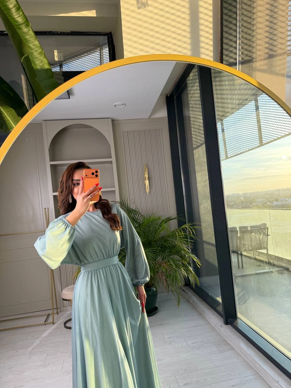 Mint%20Turkuaz%20Işıltılı%20Full%20Astarlı%20Maxi%20Boy%20Kuşaklı%20Elbise