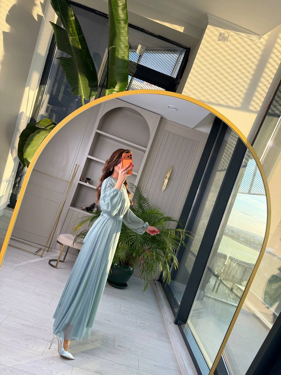 Mint%20Turkuaz%20Işıltılı%20Full%20Astarlı%20Maxi%20Boy%20Kuşaklı%20Elbise