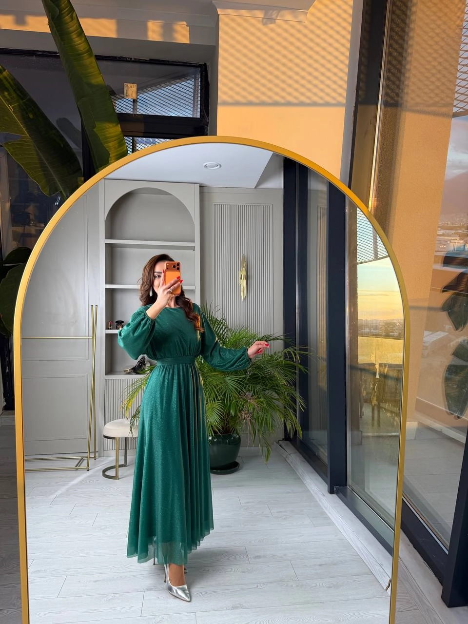 Zümrüt%20Işıltılı%20Full%20Astarlı%20Maxi%20Boy%20Kuşaklı%20Elbise