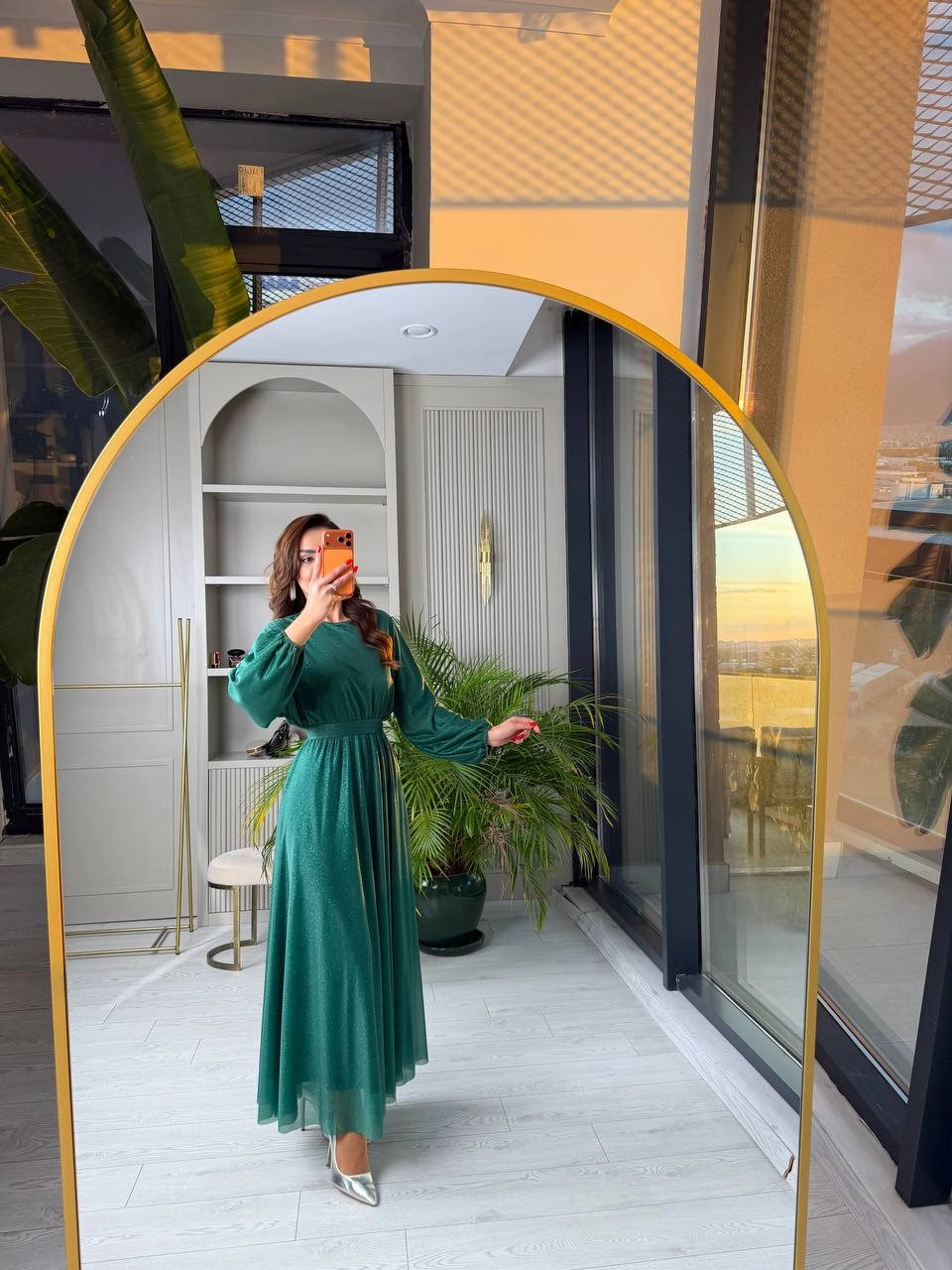 Zümrüt%20Işıltılı%20Full%20Astarlı%20Maxi%20Boy%20Kuşaklı%20Elbise