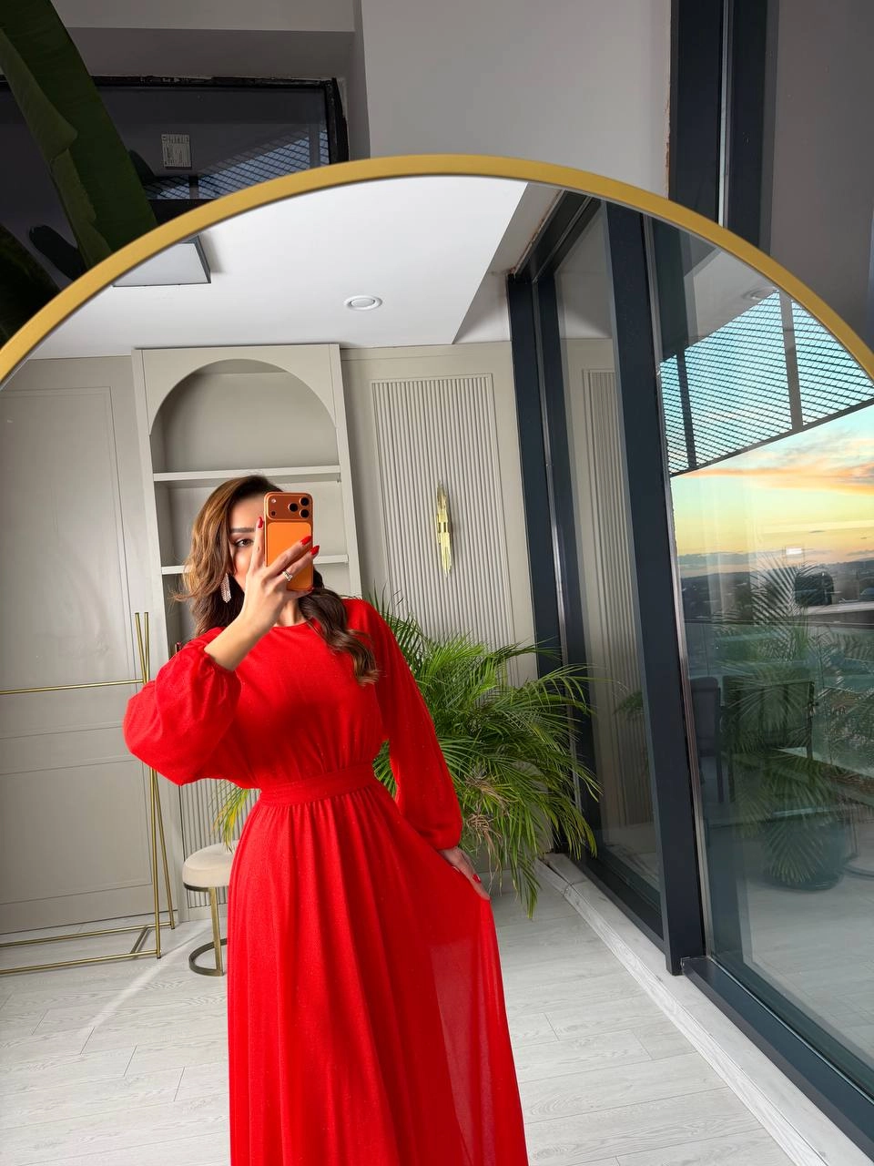 Nar%20Çiçeği%20Kırmızı%20Işıltılı%20Full%20Astarlı%20Maxi%20Boy%20Kuşaklı%20Elbise