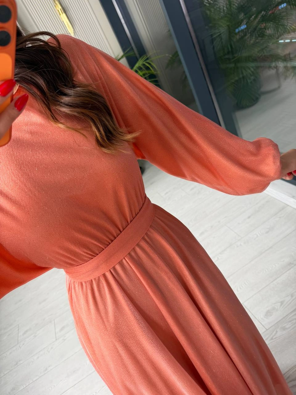 Yavruağzı%20Işıltılı%20Full%20Astarlı%20Maxi%20Boy%20Kuşaklı%20Elbise