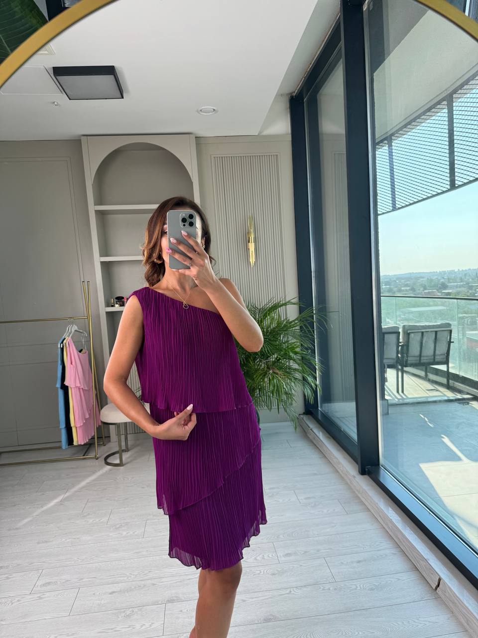 Mor%20Tek%20Kol%20İnce%20Piliseli%20Astarlı%20Şifon%20Elbise