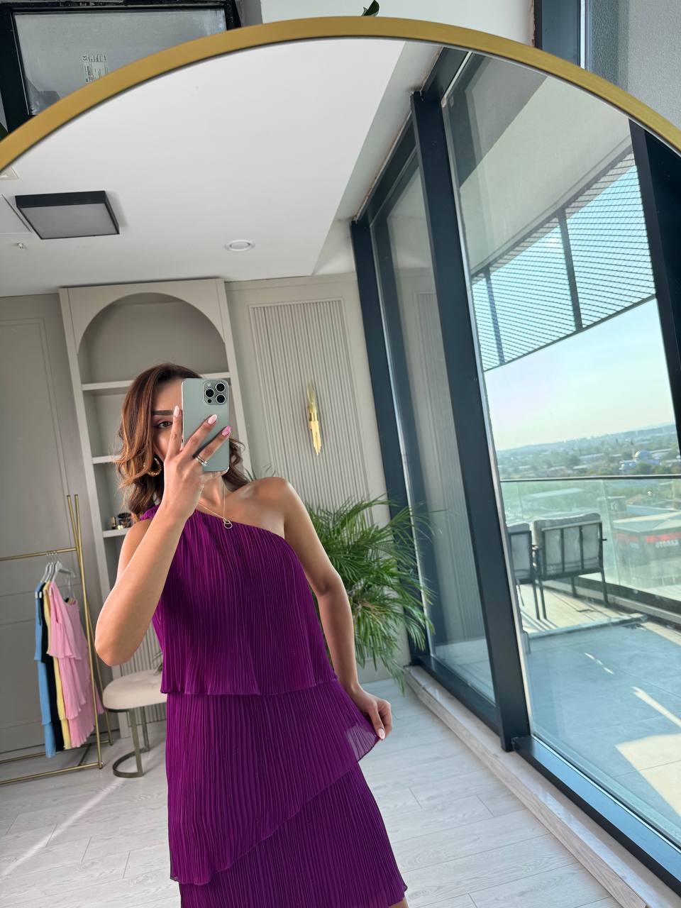 Mor%20Tek%20Kol%20İnce%20Piliseli%20Astarlı%20Şifon%20Elbise