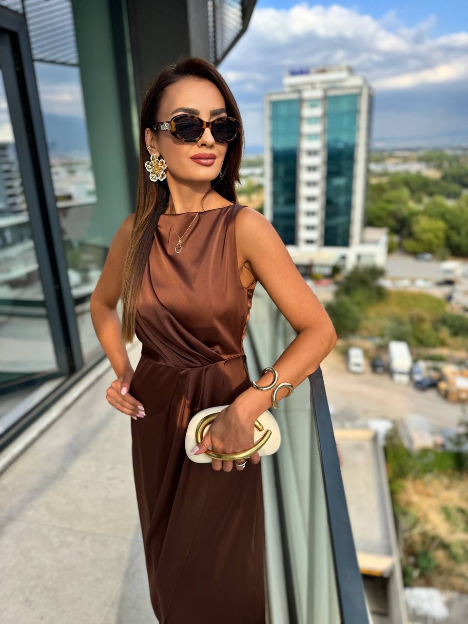 Kahverengi%20İthal%20Tok%20Saten%20Zara%20Model%20Elbise