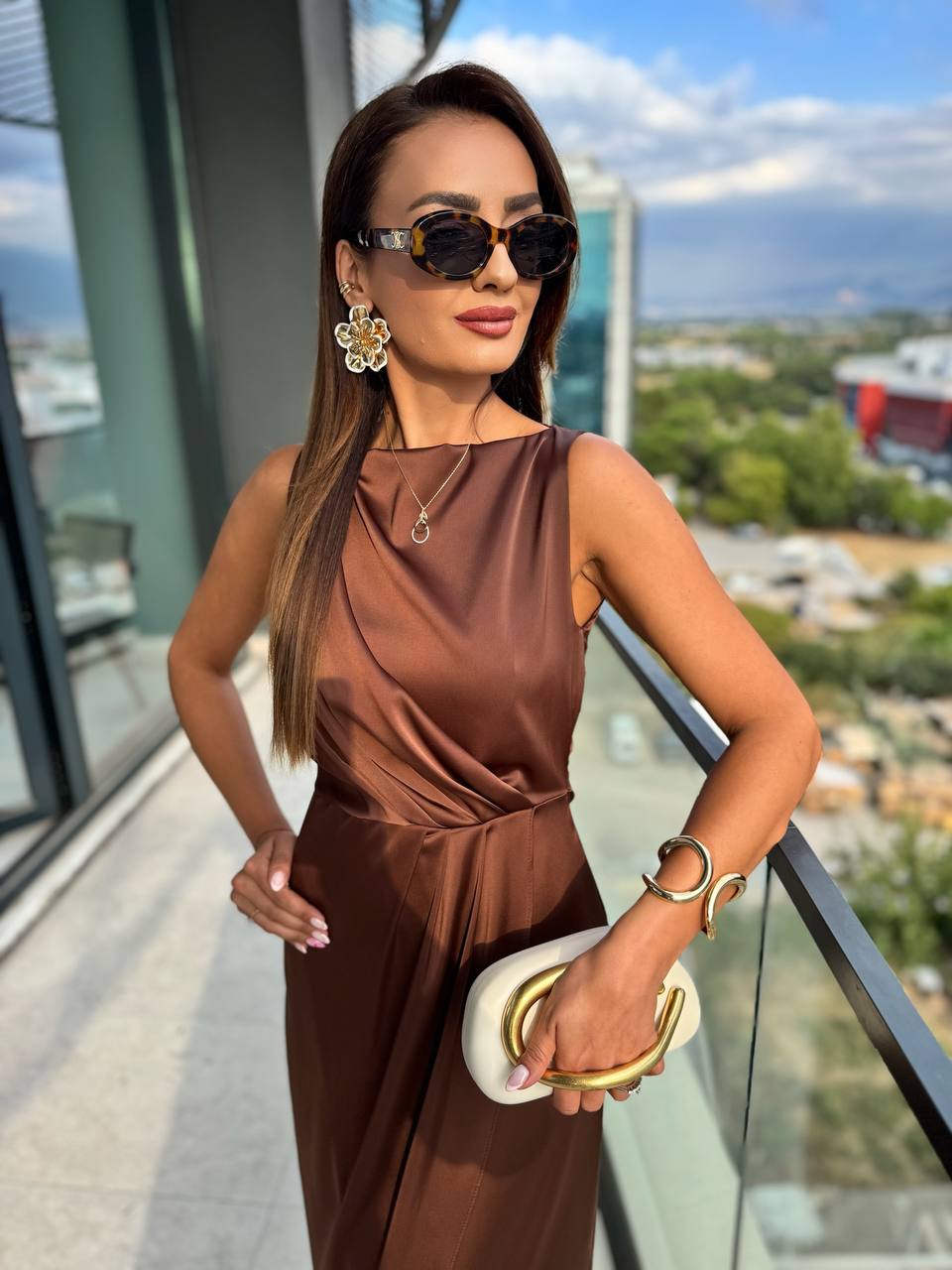 Kahverengi%20İthal%20Tok%20Saten%20Zara%20Model%20Elbise