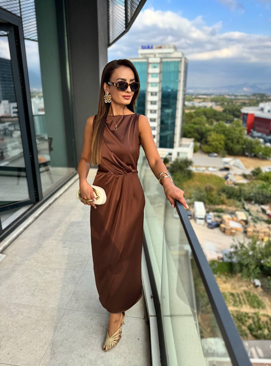 Kahverengi%20İthal%20Tok%20Saten%20Zara%20Model%20Elbise