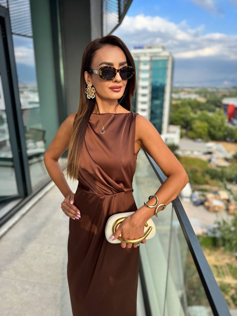 Kahverengi%20İthal%20Tok%20Saten%20Zara%20Model%20Elbise