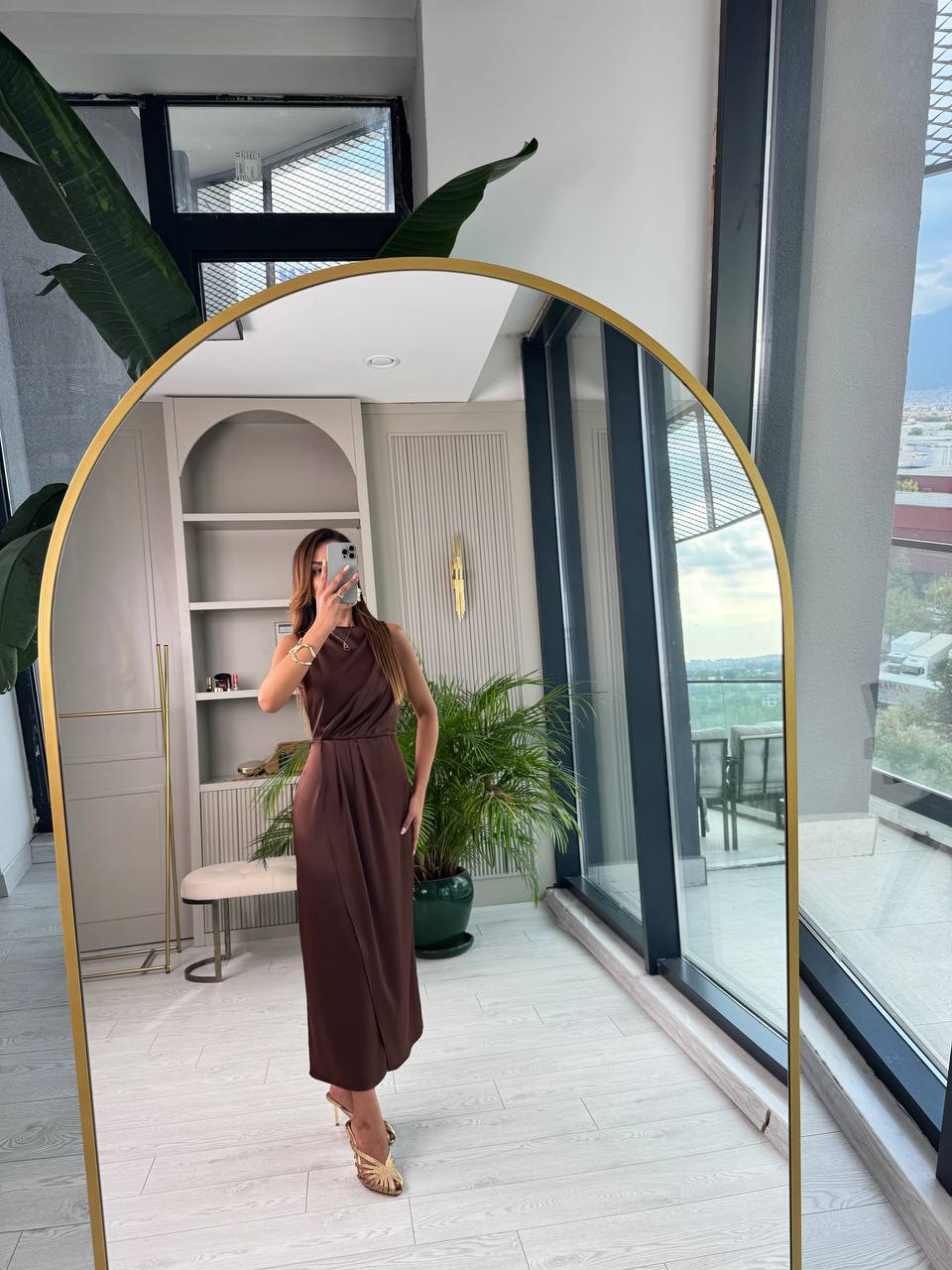 Kahverengi%20İthal%20Tok%20Saten%20Zara%20Model%20Elbise