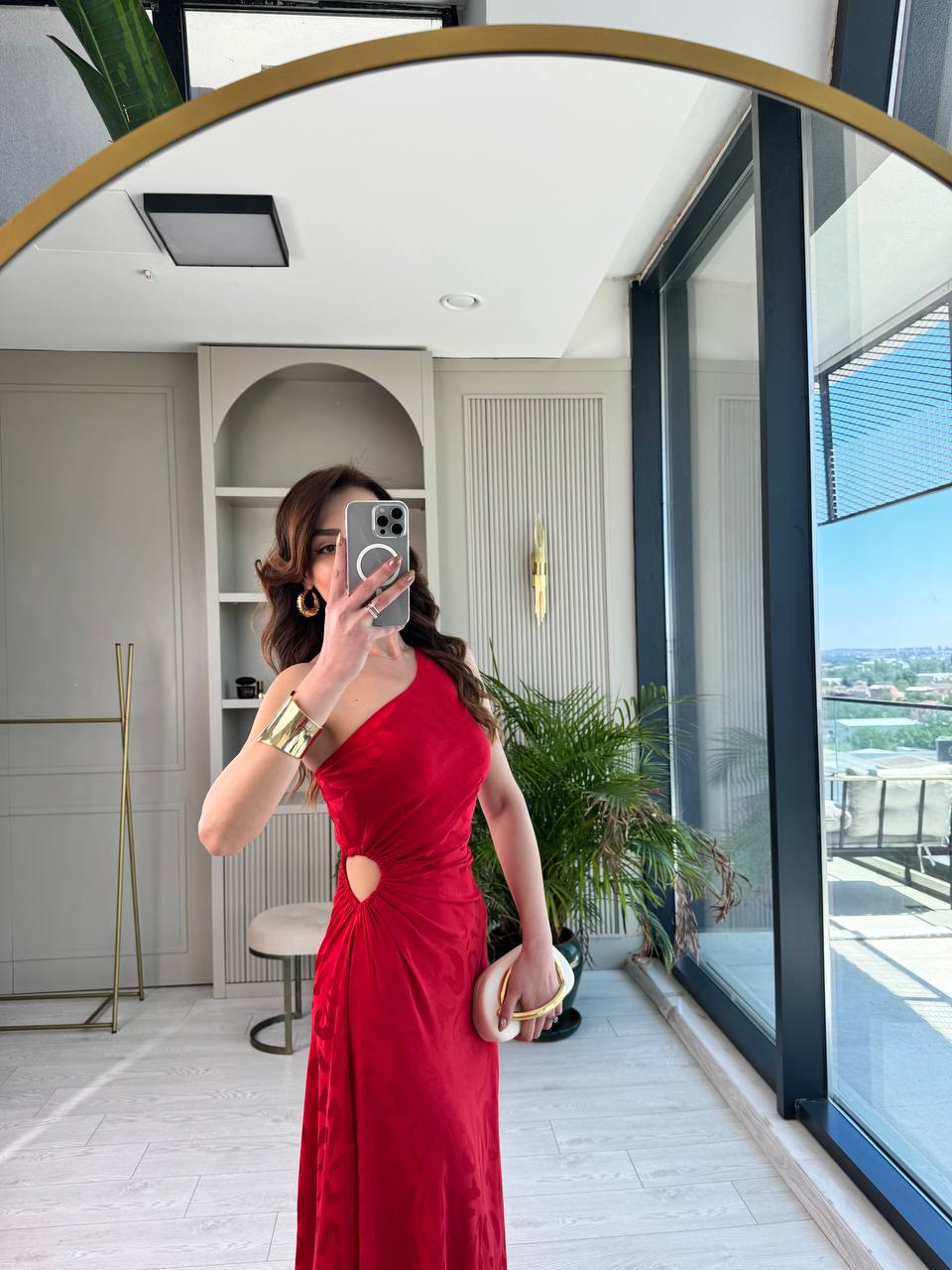 Tasarım%20Kırmızı%20Jakarlı%20Saten%20Bel%20Detay%20Elbise