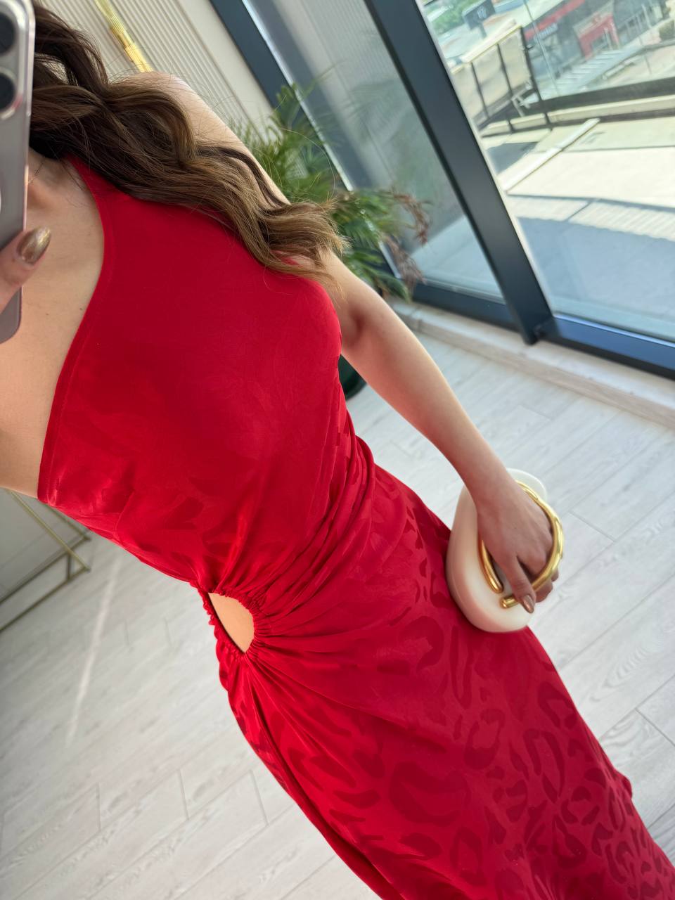 Tasarım%20Kırmızı%20Jakarlı%20Saten%20Bel%20Detay%20Elbise