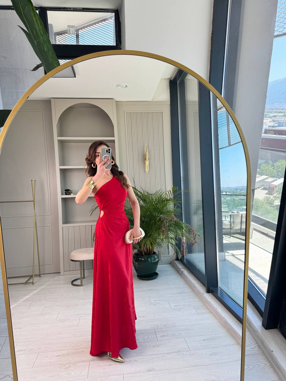 Tasarım%20Kırmızı%20Jakarlı%20Saten%20Bel%20Detay%20Elbise