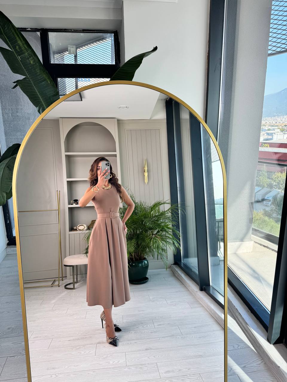 Vizon%20Kemerli%20Cepli%20Atlas%20Kumaş%20Elbise