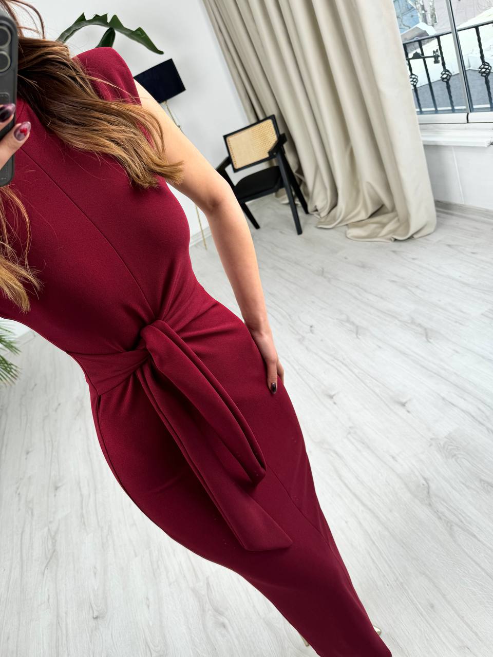 Bordo%20Vatkalı%20Bel%20Bağlama%20Detay%20Krep%20Kumaş%20Kalem%20Elbise