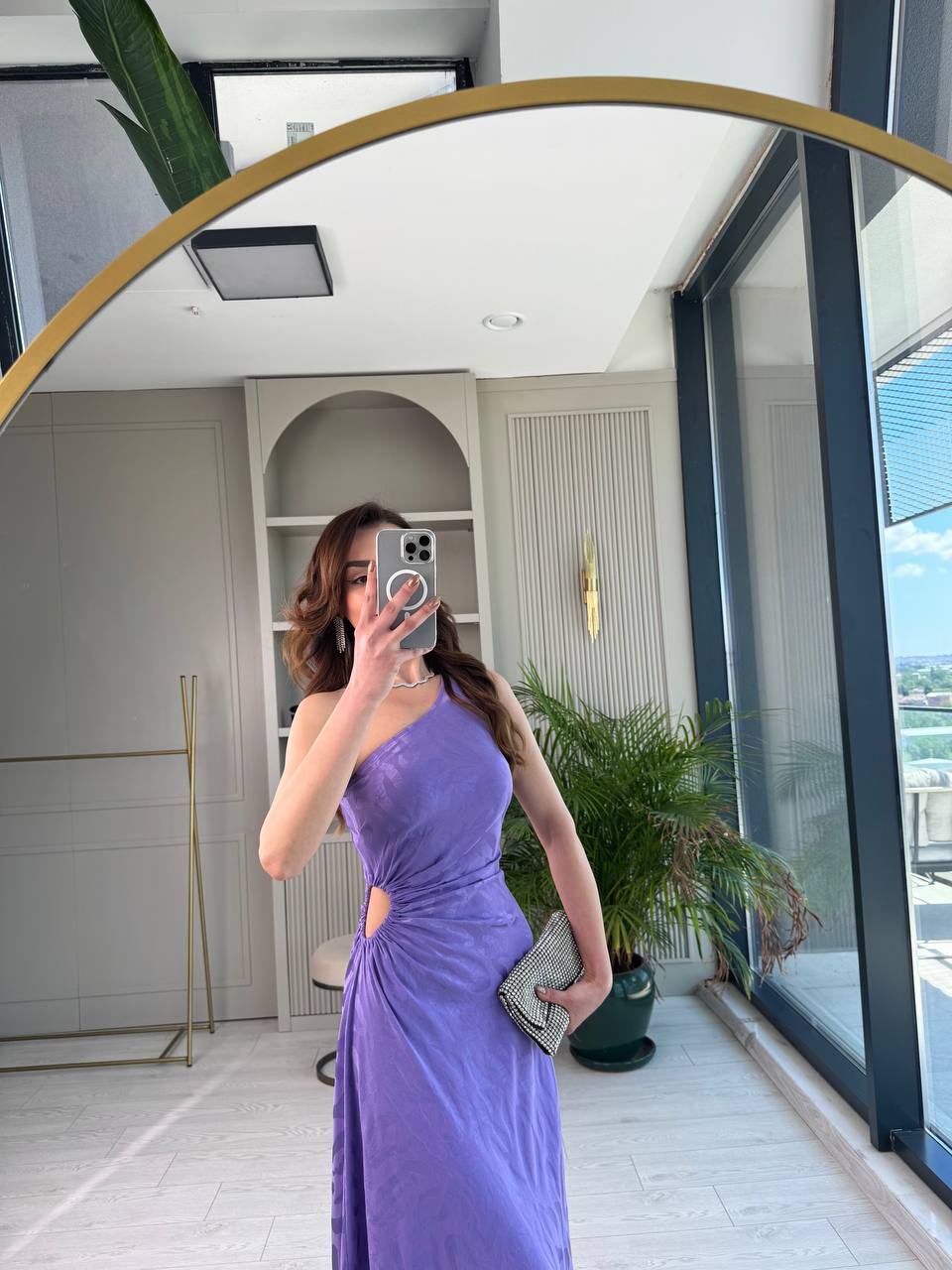Tasarım%20Lila%20Jakarlı%20Saten%20Bel%20Detay%20Elbise