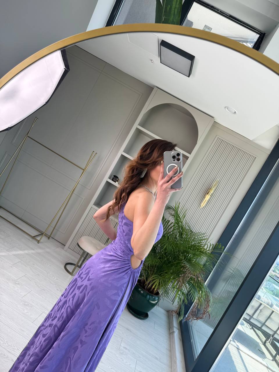 Tasarım%20Lila%20Jakarlı%20Saten%20Bel%20Detay%20Elbise