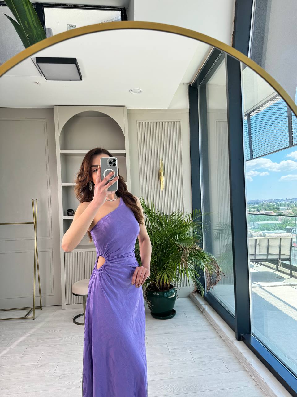 Tasarım%20Lila%20Jakarlı%20Saten%20Bel%20Detay%20Elbise