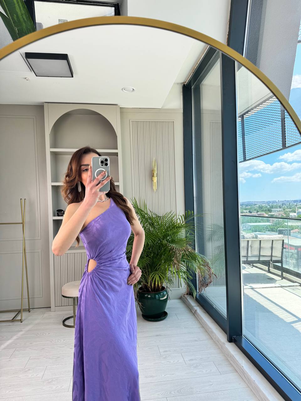 Tasarım%20Lila%20Jakarlı%20Saten%20Bel%20Detay%20Elbise