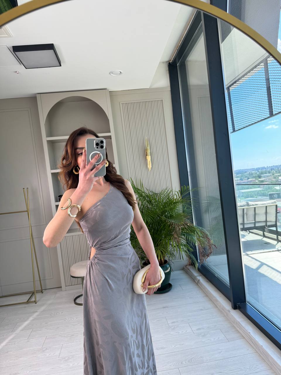 Tasarım%20Gri%20Jakarlı%20Saten%20Bel%20Detay%20Elbise