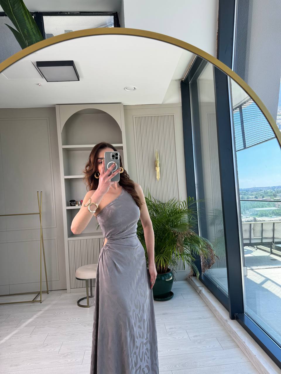 Tasarım%20Gri%20Jakarlı%20Saten%20Bel%20Detay%20Elbise