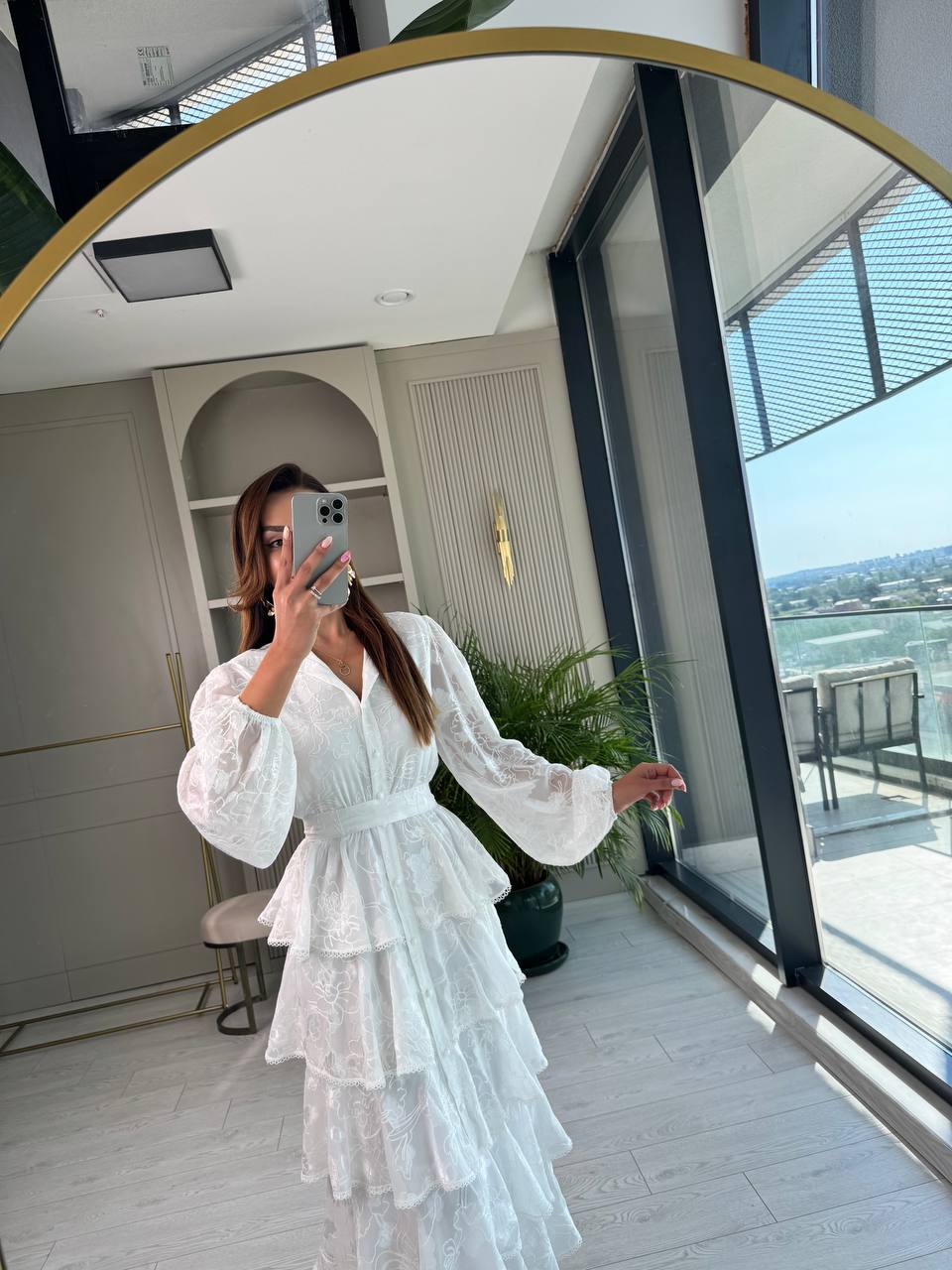 Tasarım%20Beyaz%20Eteği%20Kat%20Kat%20Astarlı%20Elbise