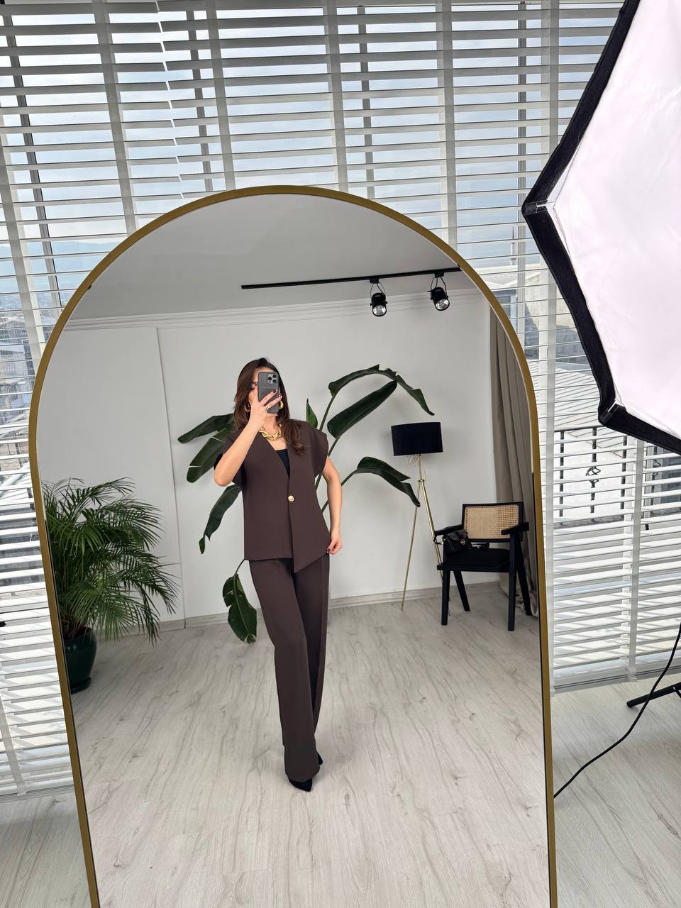 Kahverengi%20Tok%20Krep%20Kumaş%20Gold%20Düğme%20Ceket%20Pantolon%20Takım