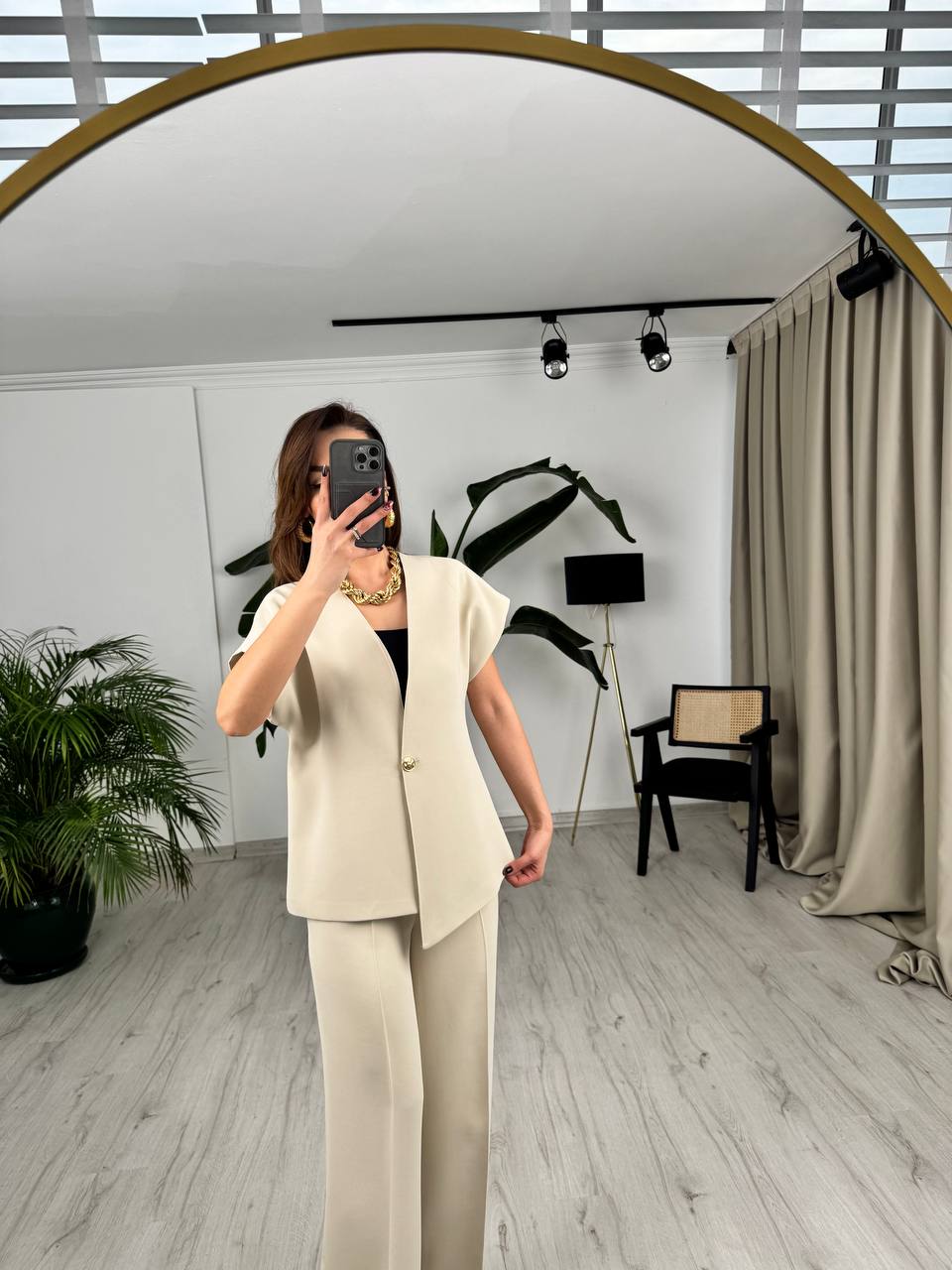 Taş%20Rengi%20Tok%20Krep%20Kumaş%20Gold%20Düğme%20Ceket%20Pantolon%20Takım