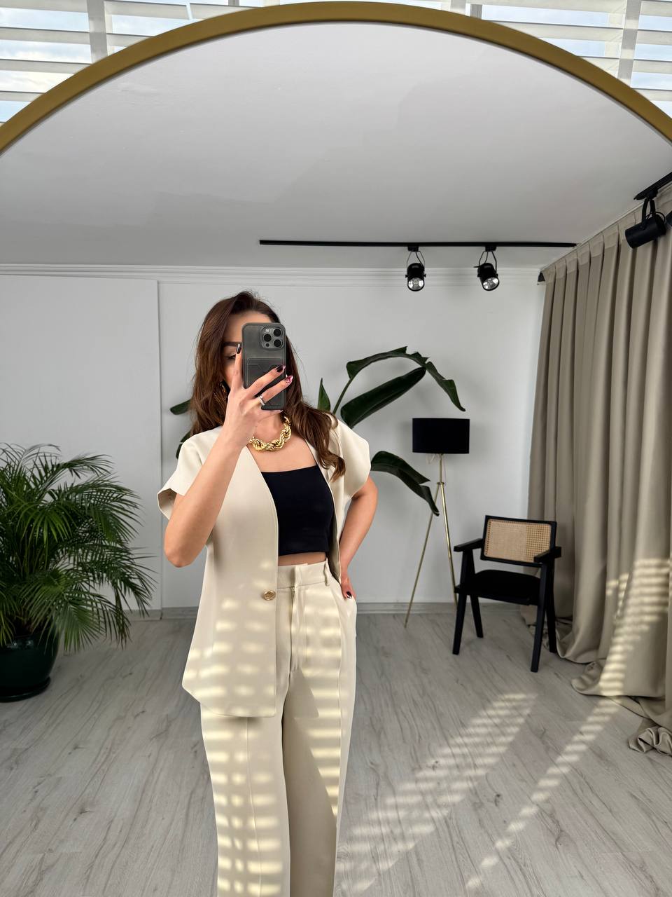 Taş%20Rengi%20Tok%20Krep%20Kumaş%20Gold%20Düğme%20Ceket%20Pantolon%20Takım