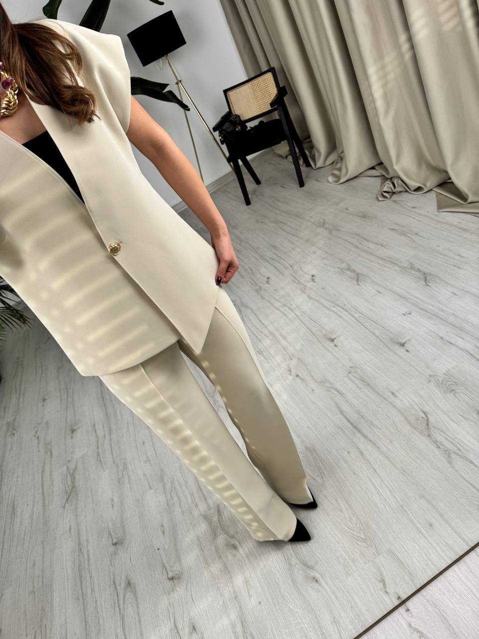 Taş%20Rengi%20Tok%20Krep%20Kumaş%20Gold%20Düğme%20Ceket%20Pantolon%20Takım