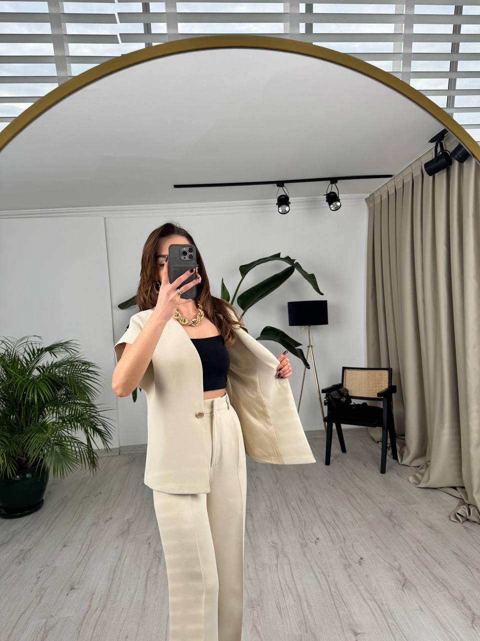 Taş%20Rengi%20Tok%20Krep%20Kumaş%20Gold%20Düğme%20Ceket%20Pantolon%20Takım