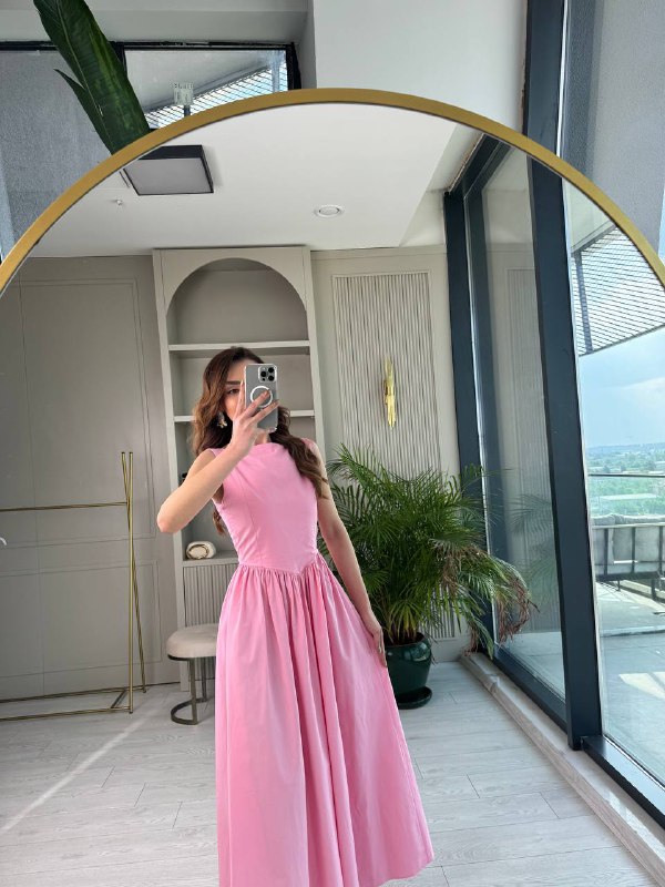Pembe%20Pamuklu%20Poplin%20Kumaş%20Cepli%20Elbise