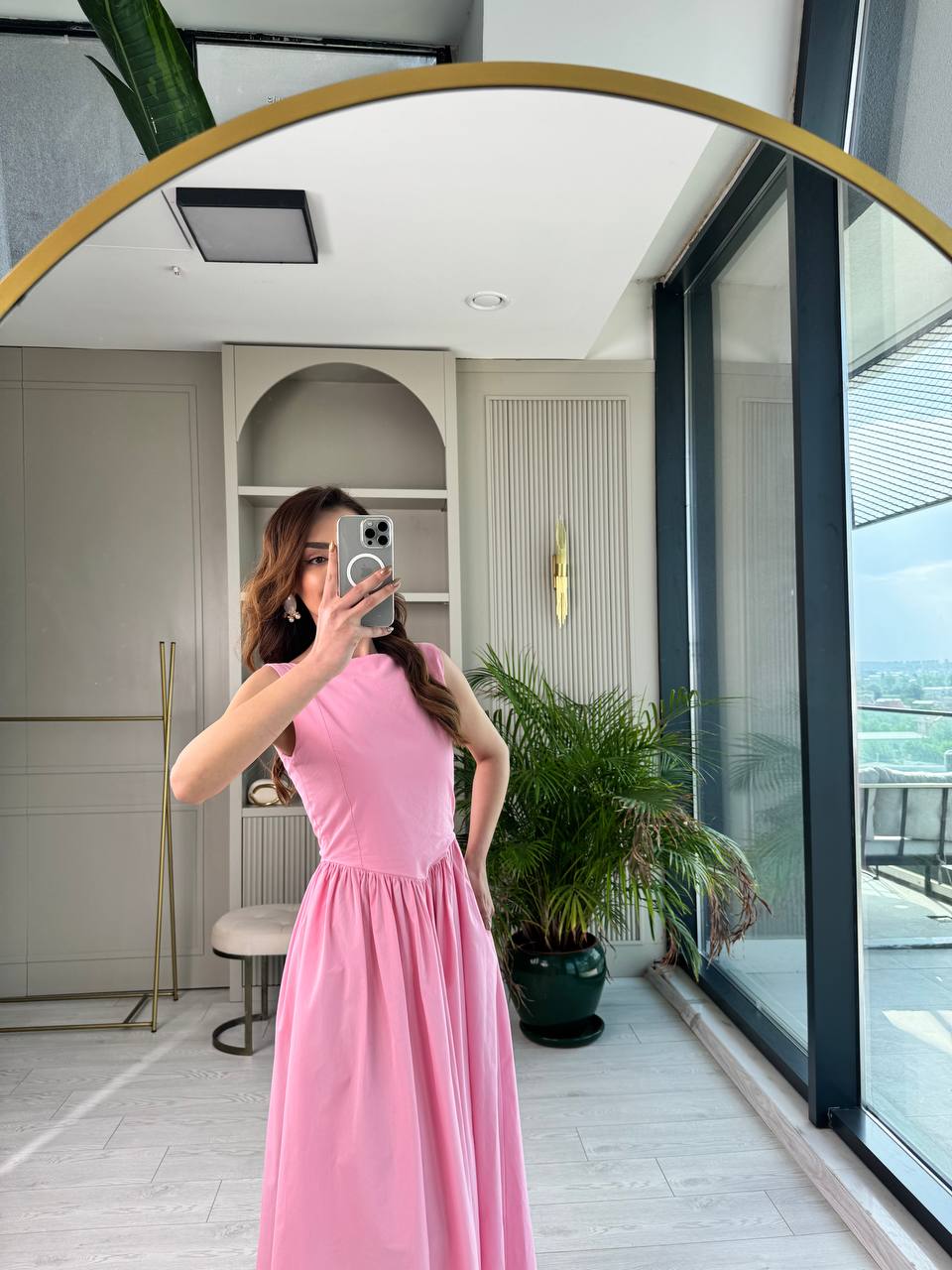 Pembe%20Pamuklu%20Poplin%20Kumaş%20Cepli%20Elbise