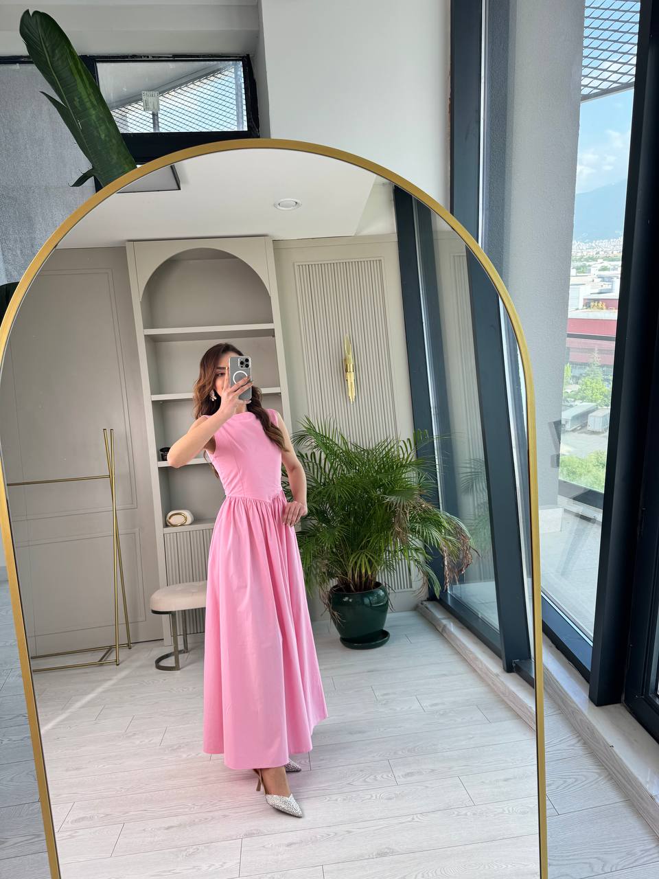 Pembe%20Pamuklu%20Poplin%20Kumaş%20Cepli%20Elbise