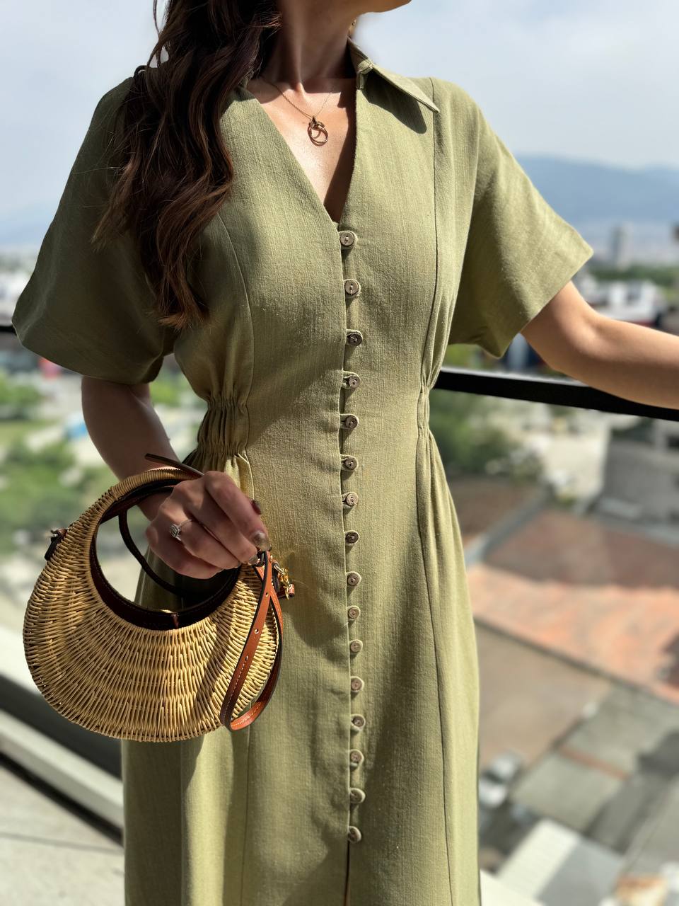 Yeşil%20%100%20Pamuklu%20Tok%20Keten%20Düğmeli%20Beli%20Lastikli%20Elbise