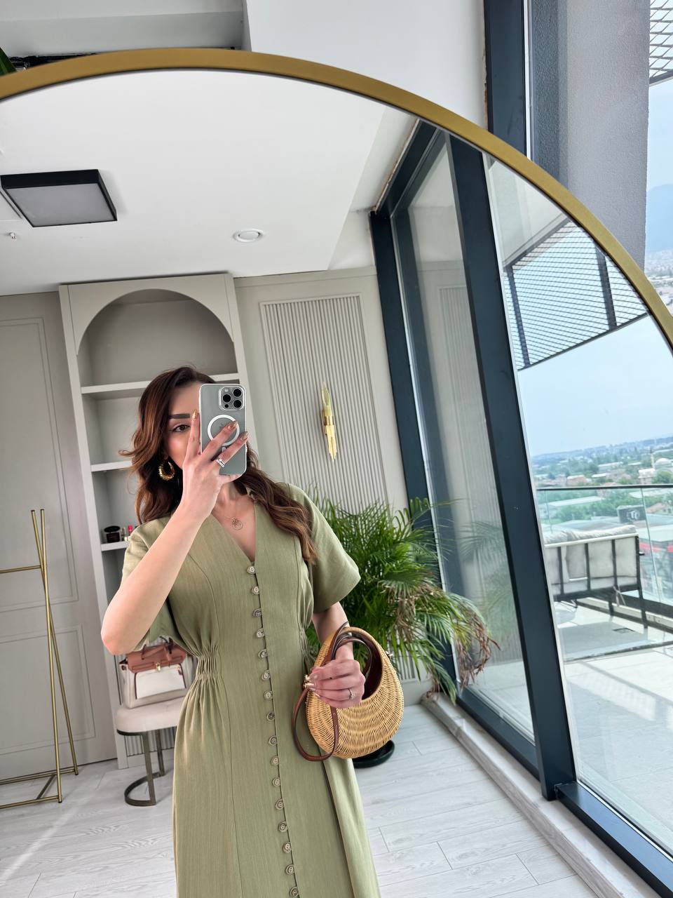 Yeşil%20%100%20Pamuklu%20Tok%20Keten%20Düğmeli%20Beli%20Lastikli%20Elbise
