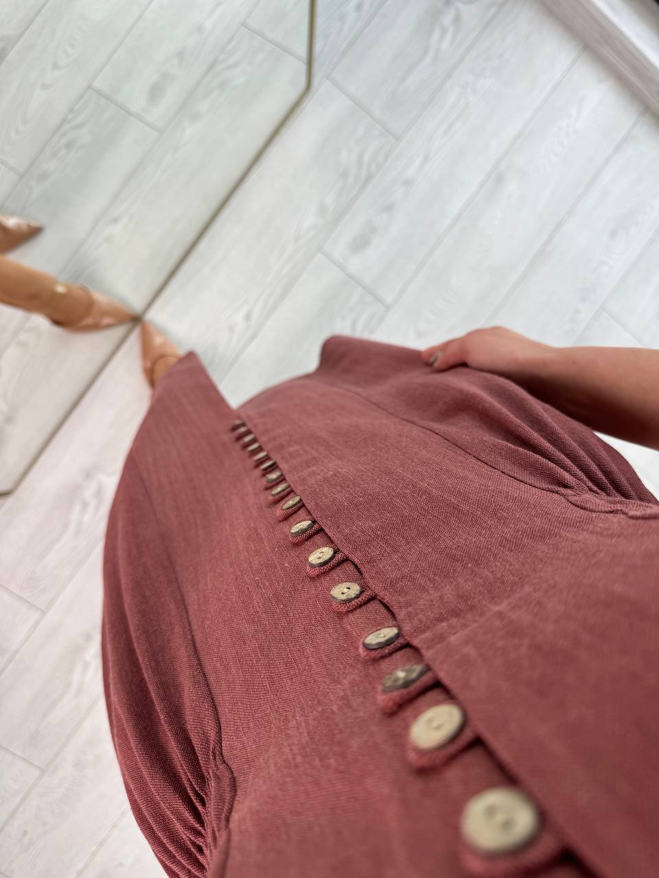 Kiremit%20%100%20Pamuklu%20Tok%20Keten%20Düğmeli%20Beli%20Lastikli%20Elbise